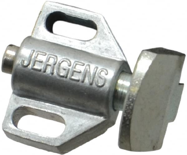 Jergens - 15/16" Body Width x 11/16" Body Len, 1/8" Stroke Len, 21/32" Btw Mt Hole Ctrs, Tang Square Spring Locating Stop - 10 Lb Mid End Force, 5/8" Stop Head Width x 7/8" Stop Head Height - Americas Industrial Supply