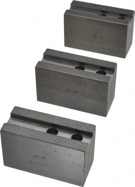 H & R Manufacturing - 1.5mm x 60° Serrated Attachment, Square Soft Lathe Chuck Jaw - 3 Jaws, Steel, 1.181" Btw Mount Hole Ctrs, 4" Long x 1-3/4" Wide x 2-1/2" High, 0.63" Groove, 12mm Fastener - Americas Industrial Supply
