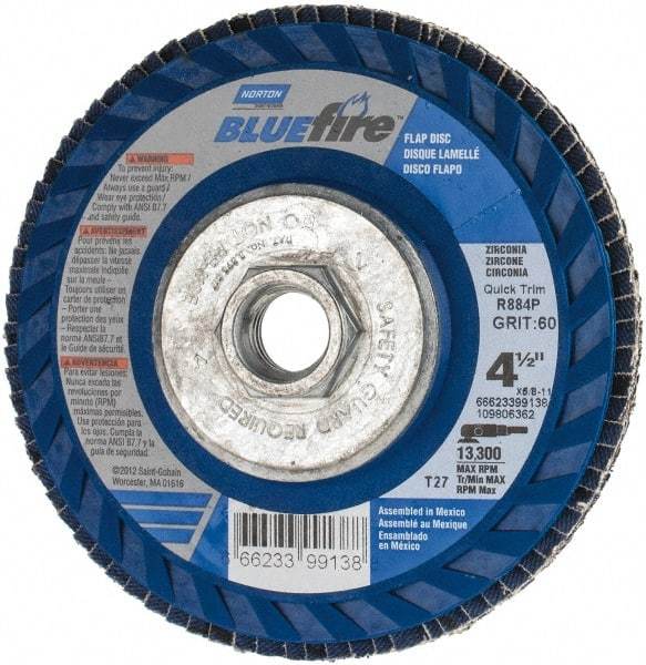 Norton - 60 Grit, 4-1/2" Disc Diam, 5/8-11 Center Hole, Type 27 Zirconia Alumina Flap Disc - 13,300 Max RPM, Fiberglass Backing, Arbor Attaching System, Coated - Americas Industrial Supply