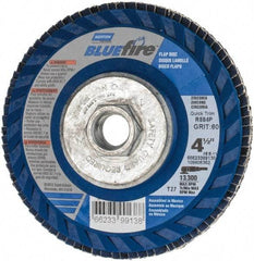 Norton - 60 Grit, 4-1/2" Disc Diam, 5/8-11 Center Hole, Type 27 Zirconia Alumina Flap Disc - 13,300 Max RPM, Fiberglass Backing, Arbor Attaching System, Coated - Americas Industrial Supply