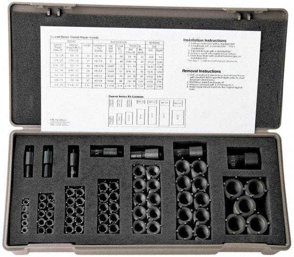 Jergens - 60 Inserts, #10-32 - 3/4-16 Internal Thread, #10-32, 1/4-28, 5/16-24, 3/8-24, 1/2-20, 5/8-18, 3/4-16 UNF, Stainless Steel, Thread Repair Kit - 0.31, 0.37, 0.43, 0.5, 0.62, 0.87, 1.12" Insert Length, Includes Installation Tool - Exact Industrial Supply