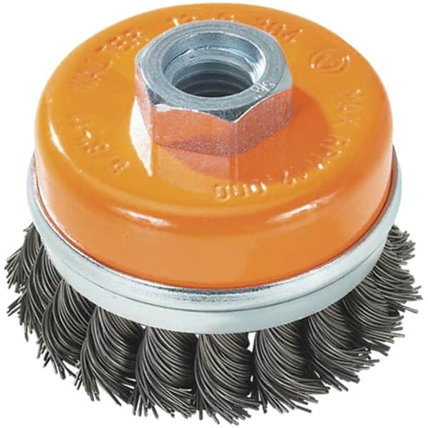 WALTER Surface Technologies - 5" Diam, 5/8-11 Threaded Arbor, Steel Fill Cup Brush - 0.035 Wire Diam, 8,600 Max RPM - Americas Industrial Supply