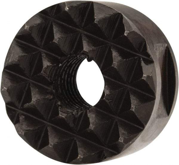 Fairlane - 1/4-28 Thread, 5/8" Diam, 3/8" High, Threaded, Fine Tooth Grade Diamond Serration Tooth Pattern, High Speed Steel, Round Positioning Gripper - 3/16" Flat Width, Black Oxide Coated - Americas Industrial Supply