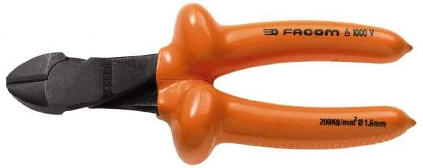 Facom - 7-9/32" OAL, 1.8mm Capacity, 25/32" Jaw Length x 7/16" Jaw Width, Insulated Diagonal Cutter Pliers - Standard Head, Cushion Grip Handles - Americas Industrial Supply