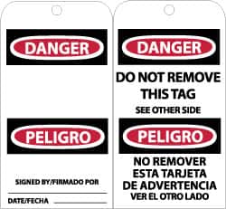 NMC - 3" High x 6" Long, DANGER - SIGNED BY___, English & Spanish Safety & Facility Accident Prevention Tag - Tag Header: Danger, 2 Sides, Black, Red & White Unrippable Vinyl - Americas Industrial Supply