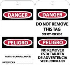 NMC - 3" High x 6" Long, DANGER - SIGNED BY___, English & Spanish Safety & Facility Accident Prevention Tag - Tag Header: Danger, 2 Sides, Black, Red & White Unrippable Vinyl - Americas Industrial Supply