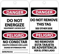 NMC - 3" High x 6" Long, DANGER - DO NOT ENERGIZE, English & Spanish Safety & Facility Accident Prevention Tag - Tag Header: Danger, 2 Sides, Black, Red & White Unrippable Vinyl - Americas Industrial Supply
