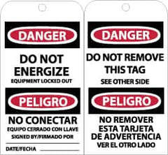 NMC - 3" High x 6" Long, DANGER - DO NOT ENERGIZE, English & Spanish Safety & Facility Accident Prevention Tag - Tag Header: Danger, 2 Sides, Black, Red & White Unrippable Vinyl - Americas Industrial Supply