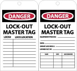 NMC - 3" High x 6" Long, DANGER - LOCKOUT MASTER TAG, English Safety & Facility Accident Prevention Tag - Tag Header: Danger, 2 Sides, Black, Red & White Unrippable Vinyl - Americas Industrial Supply