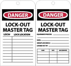 NMC - 3" High x 6" Long, DANGER - LOCKOUT MASTER TAG, English Safety & Facility Accident Prevention Tag - Tag Header: Danger, 2 Sides, Black, Red & White Unrippable Vinyl - Americas Industrial Supply