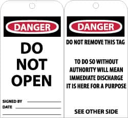 NMC - 3" High x 6" Long, DANGER - DO NOT OPEN, English Safety & Facility Accident Prevention Tag - Tag Header: Danger, 2 Sides, Black, Red & White Unrippable Vinyl - Americas Industrial Supply