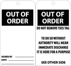 NMC - 3" High x 6" Long, OUT OF ORDER, English Safety & Facility Accident Prevention Tag - Tag Header: Danger, 2 Sides, Black & White Unrippable Vinyl - Americas Industrial Supply
