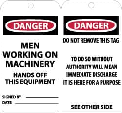 NMC - 3" High x 6" Long, DANGER - MEN WORKING ON MACHINERY - HANDS OFF THIS EQUIPMENT, English Safety & Facility Accident Prevention Tag - Tag Header: Danger, 2 Sides, Black, Red & White Unrippable Vinyl - Americas Industrial Supply