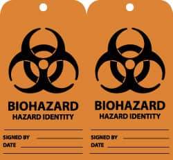 NMC - 3" High x 6" Long, BIOHAZARD - HAZARD IDENTITY, English Safety & Facility Accident Prevention Tag - Tag Header: Warning, 2 Sides, Black & Orange Unrippable Vinyl - Americas Industrial Supply