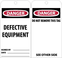 NMC - 3" High x 6" Long, DANGER - DEFECTIVE EQUIPMENT, English Safety & Facility Accident Prevention Tag - Tag Header: Danger, 2 Sides, Black, Red & White Unrippable Vinyl - Americas Industrial Supply