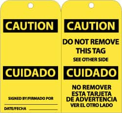 NMC - 3" High x 6" Long, CAUTION, English & Spanish Safety & Facility Accident Prevention Tag - Tag Header: CAUTION, 2 Sides, Black & Yellow Unrippable Vinyl - Americas Industrial Supply