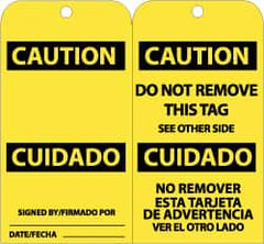 NMC - 3" High x 6" Long, CAUTION, English & Spanish Safety & Facility Accident Prevention Tag - Tag Header: CAUTION, 2 Sides, Black & Yellow Unrippable Vinyl - Americas Industrial Supply
