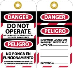 NMC - 3" High x 6" Long, DANGER - DO NOT OPERATE - EQUIPMENT TAG-OUT, English & Spanish Safety & Facility Lockout Tag - Tag Header: Danger, 2 Sides, Black, Red & White Unrippable Vinyl - Americas Industrial Supply