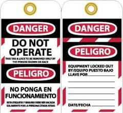 NMC - 3" High x 6" Long, DANGER - DO NOT OPERATE - THIS TAG & LOCK TO BE REMOVED ONLY BY THE PERSON SHOWN ON BACK, English & Spanish Safety & Facility Lockout Tag - Tag Header: Danger, 2 Sides, Black, Red & White Unrippable Vinyl - Americas Industrial Supply