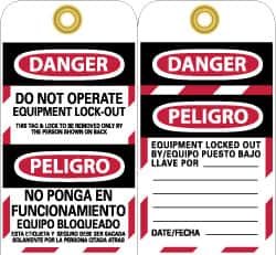 NMC - 3" High x 6" Long, DANGER - DO NOT OPERATE - EQUIPMENT LOCK-OUT - THIS TAG & LOCK TO BE REMOVED ONLY BY THE PERSON SHOWN ON BACK, English & Spanish Safety & Facility Lockout Tag - Tag Header: Danger, 2 Sides, Black, Red & White Unrippable Vinyl - Americas Industrial Supply