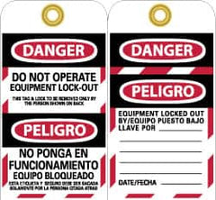 NMC - 3" High x 6" Long, DANGER - DO NOT OPERATE - EQUIPMENT LOCK-OUT - THIS TAG & LOCK TO BE REMOVED ONLY BY THE PERSON SHOWN ON BACK, English & Spanish Safety & Facility Lockout Tag - Tag Header: Danger, 2 Sides, Black, Red & White Unrippable Vinyl - Americas Industrial Supply
