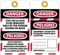 NMC - 3" High x 6" Long, DANGER - THIS TAG & LOCK TO BE REMOVED ONLY BY THE PERSON SHOWN ON BACK, English & Spanish Safety & Facility Lockout Tag - Tag Header: Danger, 2 Sides, Black, Red & White Unrippable Vinyl - Americas Industrial Supply