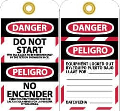 NMC - 3" High x 6" Long, DANGER - DO NOT START - THIS TAG & LOCK TO BE REMOVED ONLY BY THE PERSON SHOWN ON BACK, English & Spanish Safety & Facility Lockout Tag - Tag Header: Danger, 2 Sides, Black, Red & White Unrippable Vinyl - Americas Industrial Supply