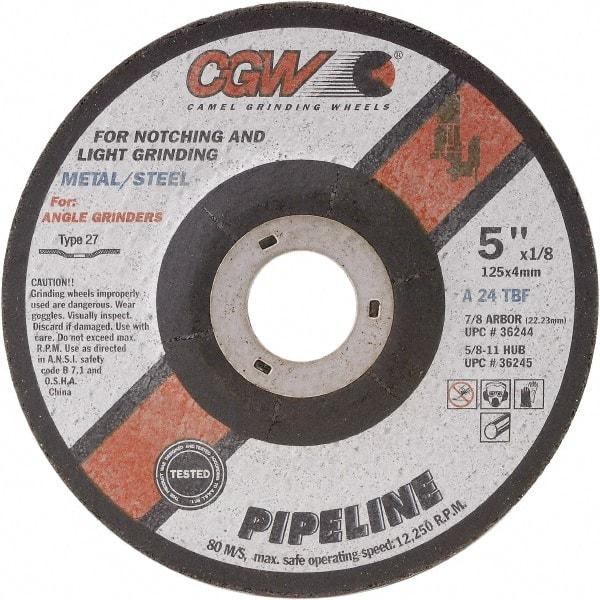 Camel Grinding Wheels - 24 Grit, 9" Wheel Diam, 1/8" Wheel Thickness, 7/8" Arbor Hole, Type 27 Depressed Center Wheel - Coarse Grade, Aluminum Oxide, Resinoid Bond, 6,650 Max RPM - Americas Industrial Supply