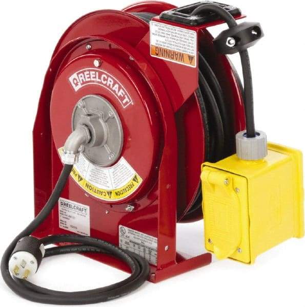 Reelcraft - 12 AWG, 45' Cable Length, Cord & Cable Reel with Outlet End - 2 Outlets, NEMA 5-15R, 15 Amps, 125 Volts, SJEOOW Cable, Red Reel, Electric Reel - Americas Industrial Supply