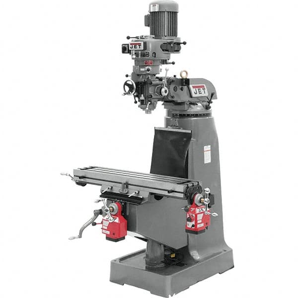 Jet - 9" Table Width x 42" Table Length, Step Pulley Control, 3 Phase Knee Milling Machine - R8 Spindle Taper, 2 hp - Americas Industrial Supply