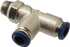 Alpha Technologies - 1/4" Outside Diam, 1/8 Universal Thread, Nickel Plated Brass Push-to-Connect Male Swivel Run Tee - 250 Max psi, Tube to Universal Thread Connection, Buna O-Ring - Americas Industrial Supply