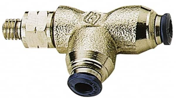 Alpha Technologies - 1/8" Outside Diam, 10-32 UNF, Nickel Plated Brass Push-to-Connect Male Swivel Run Tee - 250 Max psi, Tube to Male UNF Connection, Buna O-Ring - Americas Industrial Supply