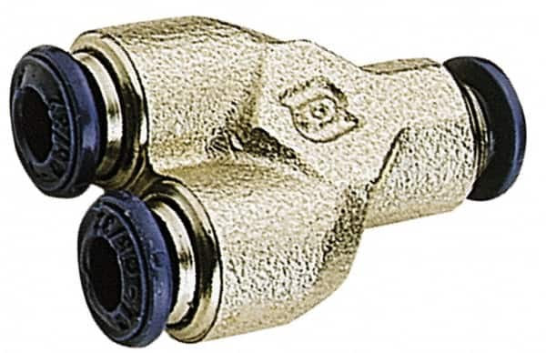 Alpha Technologies - 1/4" Tube OD, Nickel Plated Brass Push-to-Connect Tube Union Y - Tube to Tube Connection, 250 Max psi, Buna O-Ring, 160°F Max Working Temp - Americas Industrial Supply