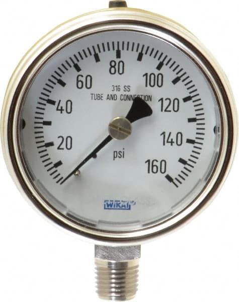 Wika - 2-1/2" Dial, 1/4 Thread, 0-160 Scale Range, Pressure Gauge - Lower Connection Mount, Accurate to 2-1-2% of Scale - Americas Industrial Supply