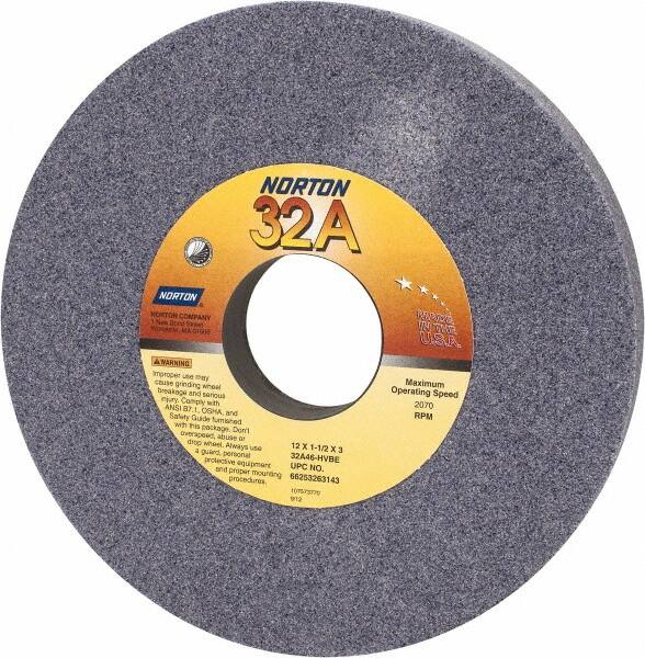 Norton - 12" Diam x 3" Hole x 1-1/2" Thick, H Hardness, 46 Grit Surface Grinding Wheel - Aluminum Oxide, Type 1, Coarse Grade, 2,070 Max RPM, Vitrified Bond, No Recess - Americas Industrial Supply