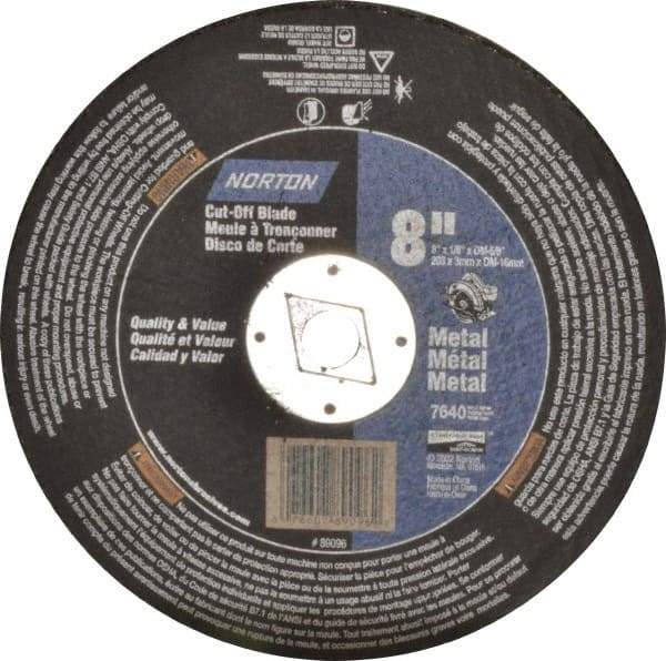 Norton - 8" 24 Grit Aluminum Oxide Cutoff Wheel - 1/8" Thick, 5/8" Arbor, 7,640 Max RPM, Use with Circular Saws - Americas Industrial Supply
