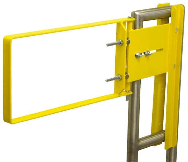 FabEnCo - Powder Coated Carbon Steel Self Closing Rail Safety Gate - Fits 22 to 24-1/2" Clear Opening, 24-1/2" Wide x 12" Door Height, 35 Lb, Yellow - Americas Industrial Supply
