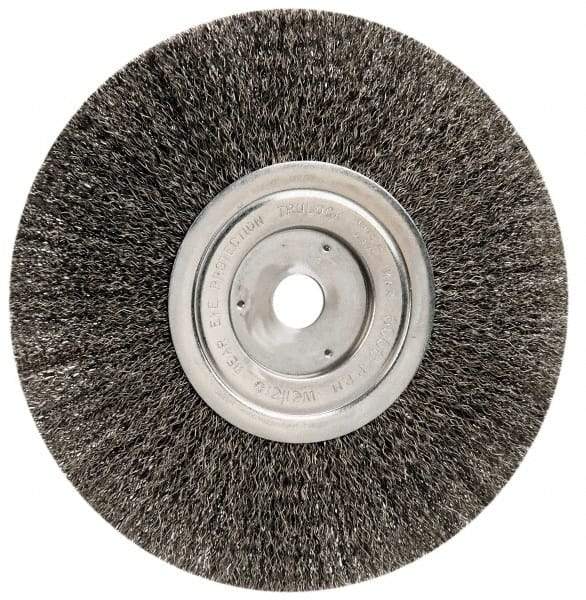 Weiler - 8" OD, 3/4" Arbor Hole, Crimped Steel Wheel Brush - 1/2" Face Width, 2-1/16" Trim Length, 0.014" Filament Diam, 6,000 RPM - Americas Industrial Supply