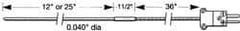 Thermo Electric - 0 to 1800°F, E Flexible, Thermocouple Probe - 3 Ft. Cable Length, Stripped Ends, 12 Inch Probe Sheath Length, 3 Sec Response Time - Americas Industrial Supply