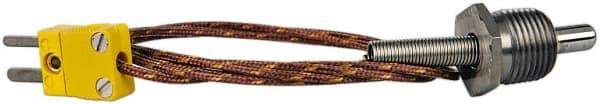 Thermo Electric - 0 to 900°F, K Pipe Plug, Thermocouple Probe - 5 Ft. Cable Length, Mini Connector, 1/2 Inch Probe Sheath Length, 6 Sec Response Time - Americas Industrial Supply