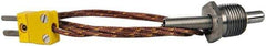 Thermo Electric - 0 to 900°F, K Pipe Plug, Thermocouple Probe - 5 Ft. Cable Length, Mini Connector, 1/2 Inch Probe Sheath Length, 6 Sec Response Time - Americas Industrial Supply