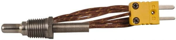 Thermo Electric - 0 to 900°F, K Pipe Plug, Thermocouple Probe - 5 Ft. Cable Length, Mini Connector, 1/2 Inch Probe Sheath Length, 6 Sec Response Time - Americas Industrial Supply