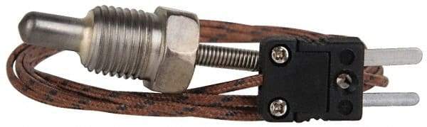 Thermo Electric - 0 to 900°F, J Pipe Plug, Thermocouple Probe - 5 Ft. Cable Length, Mini Connector, 1/2 Inch Probe Sheath Length, 6 Sec Response Time - Americas Industrial Supply