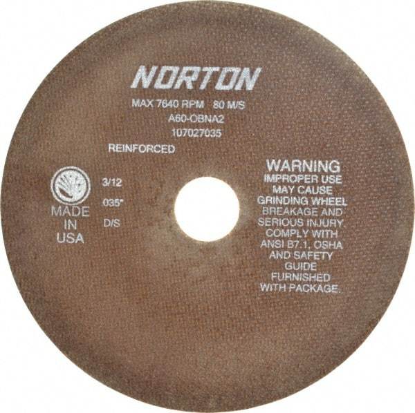 Norton - 8" 60 Grit Aluminum Oxide Cutoff Wheel - 0.035" Thick, 1-1/4" Arbor, 7,640 Max RPM, Use with Stationary Grinders - Americas Industrial Supply