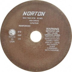 Norton - 8" 60 Grit Aluminum Oxide Cutoff Wheel - 0.035" Thick, 1-1/4" Arbor, 7,640 Max RPM, Use with Stationary Grinders - Americas Industrial Supply