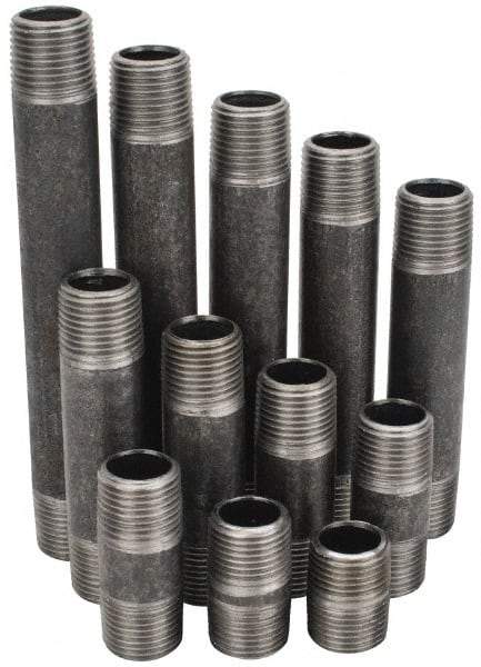 Made in USA - 66 Piece, 1/2" Pipe, Black Finished Steel Pipe Nipple Set - Schedule 40, (6) Close, (6) 1-1/2, (6) 2, (6) 2-1/2, (6) 3, (6) 3-1/2, (6) 4, (6) 4-1/2, (6) 5, (6) 5-1/2, (6) 6 - Americas Industrial Supply