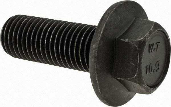 Value Collection - M16x2.00 Metric Coarse, 45mm Length Under Head, Hex Drive Flange Bolt - 45mm Thread Length, Grade 10.9 Alloy Steel, Smooth Flange, Phosphate & Oil Finish - Americas Industrial Supply