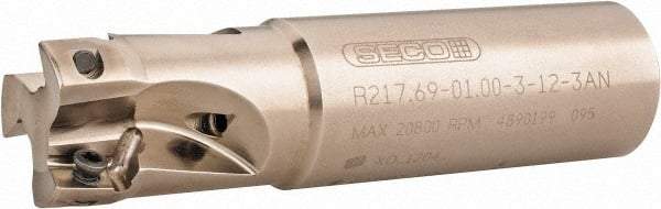 Seco - 1" Cut Diam, 0.433" Max Depth of Cut, 1" Shank Diam, 4" OAL, Indexable Square Shoulder End Mill - XO.X 1204.. Inserts, Weldon Shank, 90° Lead Angle, Through Coolant, Series Super Turbo - Americas Industrial Supply