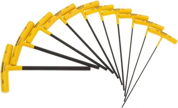 Bondhus - 10 Piece T-Handle Cushion Grip Hex Key Set - Hex Range 3/32 to 3/8", 9" OAL, Protanium High Torque Steel - Americas Industrial Supply