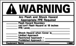 NMC - Accident Prevention Label, Header: WARNING - Legend: Warning - Arc Flash and Shock Hazard - Appropriate PPE Required, English, Black & Orange, 5" Long x 3" High, Sign Muscle Finish - Americas Industrial Supply